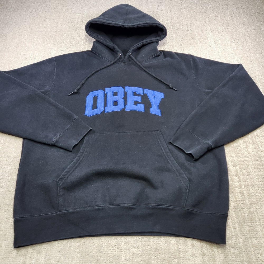 Obey Hoodie Men Large Corduroy Logo Black Blue Heavy Cotton‎ Fleece Streetwear